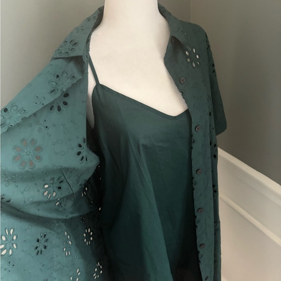 Loft Dress Womens size 10 Green Mini Eyelet Button Cottage Boho Summer Cotton - Picture 7 of 9